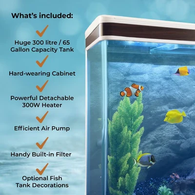 Image of MonsterShop Large Fish Tank White 4ft 300L 65 Gal Aquarium Marine Tropical Saltwater Freshwater. Cabinet Storage Stand. Complete Starter Kit, Filter, Air Pump, Heater, LED Light…