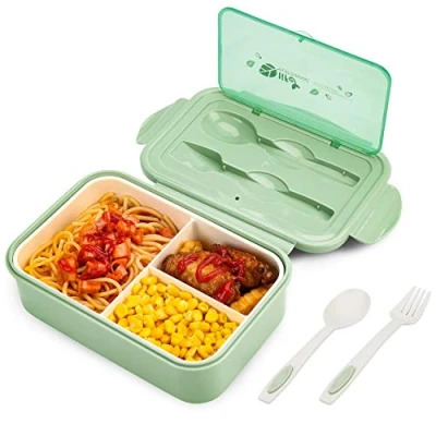 Image of BIBURY Lunch Box, Leakproof Bento Box for Kids Adults, Food Container with 3 Compartments and Cutlery Set, BPA Free, Microwave Dishwasher Safe Meal Prep Containers Green