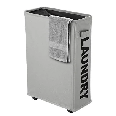 Image of Slim Rolling Laundry Basket with wheel, IHOMAGIC Rectangle Storage Hamper Thin Corner Fittable Bin Flexible Sorter For Dormitory, Hotel, 39x18.5x58cm 41L, Light Gray