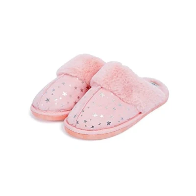 Image of Tokyo Laundry Gravity Foil Star Print Faux Suede Mule Slippers with Fur Lining &amp; Trim in Light Pink 7 8 (40 41)