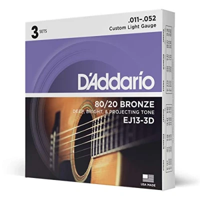 Image of D&#039;Addario Guitar Strings Acoustic 80/20 Bronze For 6 String Deep, Bright, Projecting Tone EJ13 3D Custom Light, 11 52 3 Pack