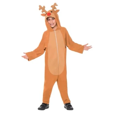 Image of Smiffys Reindeer Costume, Brown with Hooded Jumpsuit, Christmas Children&#039;s Fancy Dress, Child Dress Up Costumes