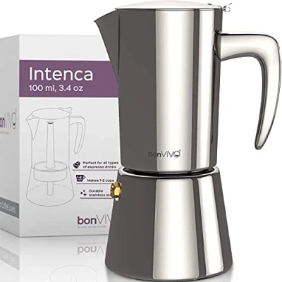 Image of bonVIVO Moka Pot 2 Cup Intenca Stainless Steel Espresso Maker w/Silver Finish Stove Top Italian Coffee 100ml Gifts for Men and Women