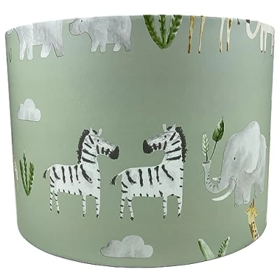Image of Kids Green Safari Animal Lampshade Ceiling Light Shade Jungle Elephant Zebra Giraffe Theme Nursery Decor Bedroom Accessories Table Lamp