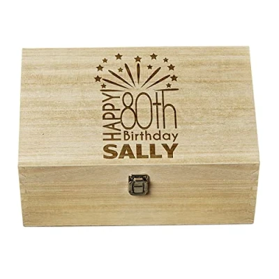 Image of Raised Words 80th Birthday Gift Personalised Large wooden Keepsake Box
