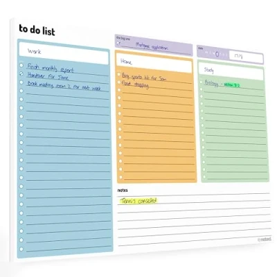 Image of A4 To Do List Pad 52 sheet Daily todo planner 3 section undated desk organiser by Noted 29x21cm for work tasks, study revision and home planning colourful 100gsm paper