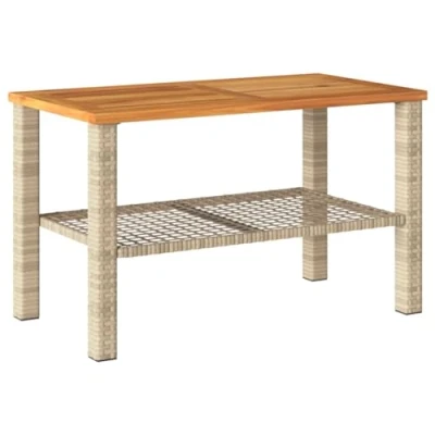 Image of vidaXL Beige Poly Rattan Garden Table Rectangular 70x38 cm Acacia Wood Top, Powder Coated Steel Frame, Weather Resistant for Patio/Deck