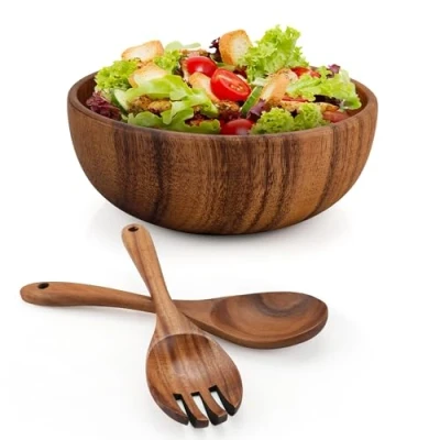 Image of YKUKIZEE 1 Set 9.4 inch Wooden Salad Bowl and Servers Set, 24 cm Large Acacia Wood Servers, 1200 ml Spoon for Fruits Vegetables (Bowl, Fork, Spoon)