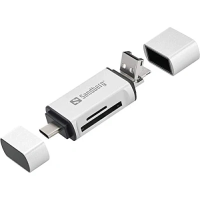 Image of Sandberg 3 In 1 Card Reader USB C + MicroUSB SD Writer Memory to C, A, Micro Plug &amp; Play Reads Writes SD, SDHC, SDXC, MMC, T Flash, and Cards
