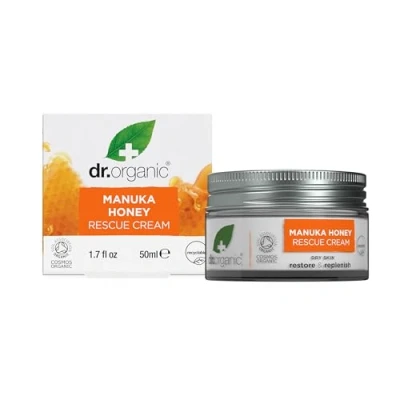 Image of Dr Organic Manuka Honey Rescue Cream, Dry Skin, Mens, Womens, Natural, Vegetarian, Cruelty Free, Paraben &amp; SLS Certified Organic, 50ml, Packaging may vary