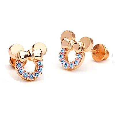 Image of Kaguyo Silver Earrings for women, 925 Sterling pave Amethyst Clear blue Red Zirconia Cute Mouse Stud Women Girls kids, Design Birthday Gift (rose mouse)