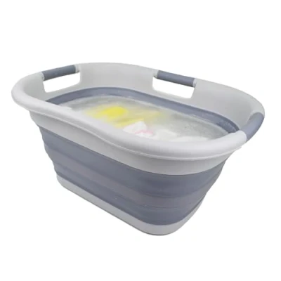 Image of SAMMART 30L Collapsible Plastic Laundry Basket Foldable Washing Tub/Container Portable Hamper/Organizer Pop Up Saving (Grey/Dark Grey)