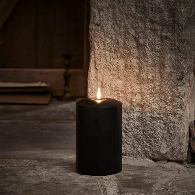 Image of Lights4fun TruGlow® Small Battery Operated LED Flameless Chapel Pillar Candle with Timer Black Wax 15cm