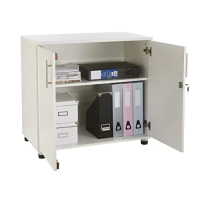 Image of MMT Storage Cupboard Unit White 2 Door Filing Cabinet with Lock 80cm Wide for Office, Kitchen, Garage, Utlily Room Lockable 1 Adjustable Shelf