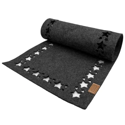 Image of Miqio Design Felt Table Runner Stars Winter 150 x 40 cm Washable 0ekotex Fabric with Genuine Leather Label Tablecloth Christmas Dark Grey Anthracite