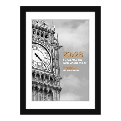 Image of HoziRes Picture Frames 50cm x 70cm, Wooden Photo with Mount, Set of 1 70cm Frame Black 20x28 inch for Tabletop and Wall Mounting, Poster Printing