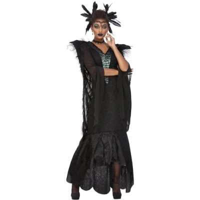 Image of Smiffys Deluxe Raven Queen Costume, Black Dress, Cape &amp; Headdress, Halloween Adult Fancy Animal Dress Up Costumes