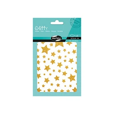 Image of Maildor Ref AE150C Glitty Stickers (Pack of 2 Sheets) Stars Designs Gold 16 x 10.5cm, Printed in Colour Glitter, Contains 151 Total