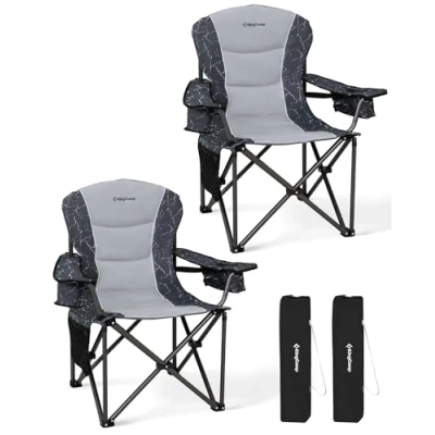 Image of KingCamp Camping Chairs for Adults Set of 2, Heavy Duty Folding Chair Up to 452 lbs, Padded Camp with Armrest/Cooler Bag/Lumbar Back/Cup Holder, High Back Garden Beach, Grey
