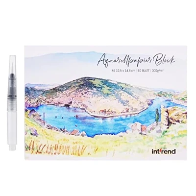 Image of int!rend Watercolour Paper DIN A6 300gsm 60 White Glued Painting + Water Tank Brush Premium Colour Postcards Pad