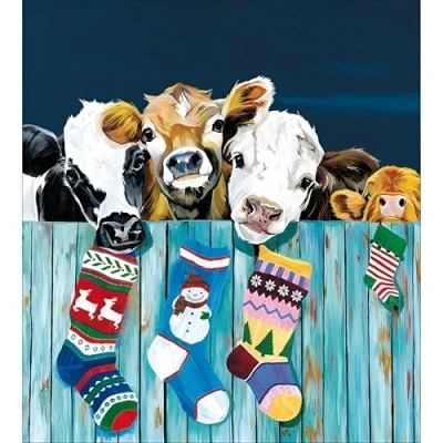 Image of Woodmansterne Charity Christmas Cards Pack of 5 Age UK, Marie Curie, BHF, Mind Artistic Festive Design Cows and Stockings Made in The UK Eco Friendly