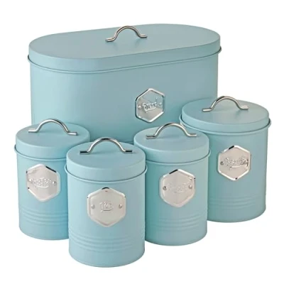 Image of Cooks Professional 5 Piece Storage Canister Set Labelled Containers for Tea Coffee Sugar Biscuits &amp; Bread Canisters Sets Kitchen Accessories Essentials Red Silver