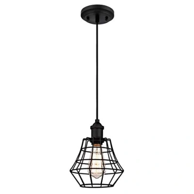 Image of 61053 Nathan One Light Indoor Pendant, Matte Black Finish with Angled Bell Cage Shade