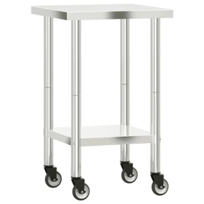 Image of vidaXL Stainless Steel Kitchen Work Table with Wheels 55x55x85 cm, Portable Metal Prep Station, Rolling Utility Lockable Casters for Restaurant, Bar, School