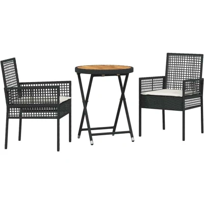 Image of vidaXL 3 Piece Garden Bistro Set with Cushions Black Poly Rattan