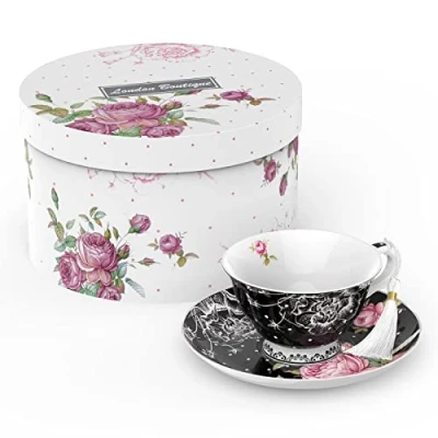 Image of London Boutique Tea Cup and Saucer Set 1 Afternoon New Bone China Vintage Flora Gift Box 200m (Black)