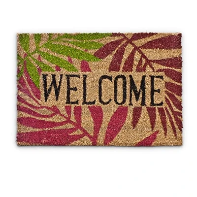 Image of Relaxdays Coconut Fibre PALM LEAVES Doormat 40 x 60 cm Coir Welcome Mat with No Slip Rubber PVC Underside, Multicolour