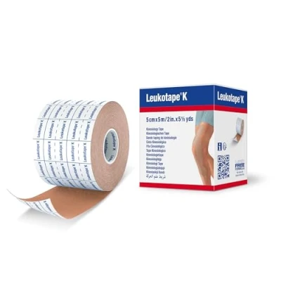 Image of Leukotape K Kinesiology Tape Water Repellent, Skin Friendly, Stays in Place for up to 9 Days 5cm x 5m, Tan, 1 Roll