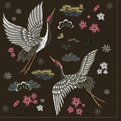 Image of Maki 3 Ply Flowery Tissue Paper Napkins Serviettes for Decoupage Lunch 33cm x Pack of 20 (Embroidered Cranes)