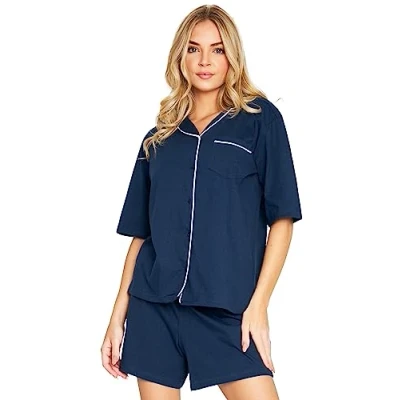 Image of CityComfort Womens Pyjamas Summer Nightwear 2 Piece 100% Cotton Button Down Short PJs for Women Sets Soft Breathable Lounge Wear Cute Sizes S XL Sleeve Sleepwear (Navy, S)
