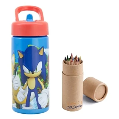 Image of OM SUPPLIES Sonic The Hedgehog Reusable Sipper Water Bottle Drink with built in handle for Easy Carry School Lunch Kids Childrens 410ml (Sonic)