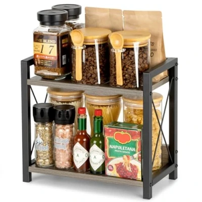 Image of ANBOXIT Spice Rack for Countertop, Coffee Countertop Shelf, Wooden Kitchen Counter Organizer, 2 Tier Shelf Small Organizer Kitchen, Office, Home Grey