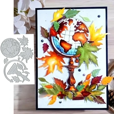 Image of Christmas Vintage Globe Maple Leaf Greeting Card Metal Die Cuts,Sunflower Flower Cutting Dies Cut Stencils DIY Scrapbooking Decorative Embossing Paper Making