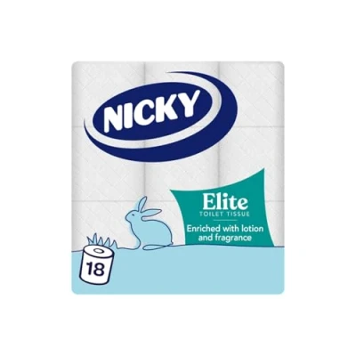 Image of Nicky Elite Scented Toilet Tissue 18 Rolls of White Paper, 3 ply, Talc Scent, Softness to the Skin, Enriched with Lotion, Extra Value Pack, 100% FSC Certified Paper