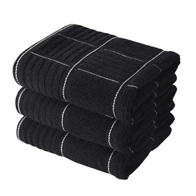 Image of Anyi Kitchen Dish Towels Heavy Duty Absorbent Cloths with Hanging Loop 100% Cotton Tea Bar (16x26, Set of 3) (Black)