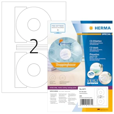 Image of HERMA Self Adhesive Full Face CD Labels, 2 Labels per A4 Sheet, 100 Sheets, Ø 116 mm, 200 Blank Opaque DVD Stickers, Sticky for Laser &amp; Inkjet Printer, White