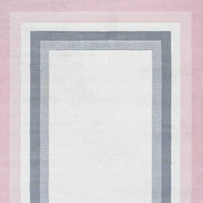 Image of Blush Grey Border Rug Modern Geometric Stain Resistant Affordable Living Room Area Bedroom Hallway Rugs