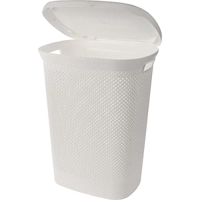 Image of 60 Litre Large White Plastic Laundry Basket with Lid Diamond Washing Clothes Storage Hamper Bin