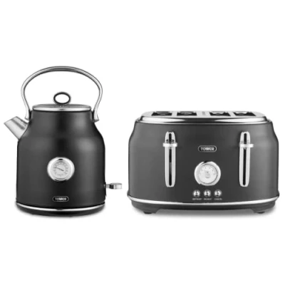 Image of RKW Tower Renaissance Black 3KW 1,7L Kettle &amp; 4 Slice 1630W Toaster. Modern Toaster Set