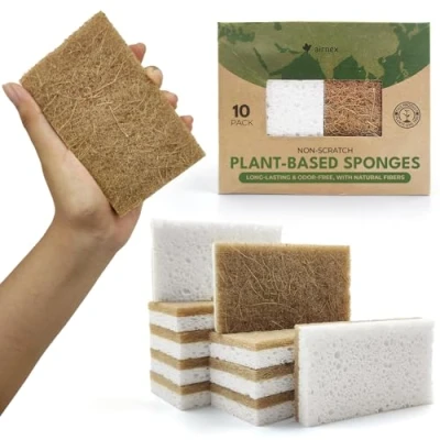 Image of AIRNEX Biodegradable Washing Up Sponge Pack of 10 Natural Cellulose and Coconut Kitchen Sponges Heavy Duty Non Scratch Eco Scourers Multipack for Dishes, Pots Pans