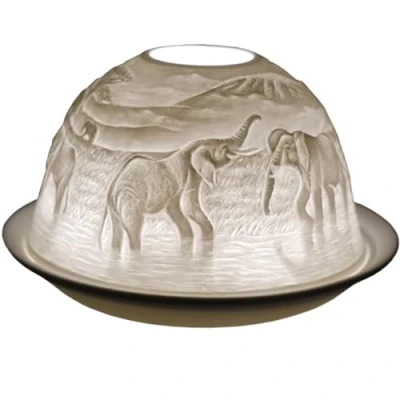 Image of Cello Porcelain Tealight Holder Dome, Elephant Design, An Candle Projecting a 3D Image. Stocking Fillers Women. Ornament Use Tealights or LEDs Elephants Gifts For