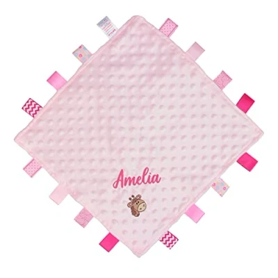 Image of Personalised Giraffe Baby Taggy Ribbon Pink Comforter Blanket