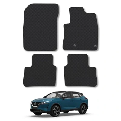 Image of Rubber Car Mats Compatible with Nissan Qashqai (2021 ) Ampi Tailored Fit Floor Set Accessory Black Custom 4 Pieces Clips Anti Slip Backing, Heavy Duty &amp; Waterproof