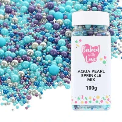Image of Aqua Pearl Sprinkles By Baked With Love 100g Blue, Purple, Silver Sugar Cake Sprinkles, Edible Decorations, Balls For Cupcakes