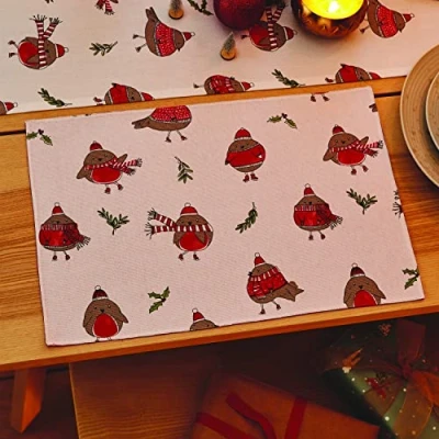 Image of Catherine Lansfield Dining Christmas Robins Cotton 30x46 cm Placemat Pair White Red
