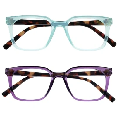 Image of OPULIZE KOI Reading Glasses 2 Pack Large Rectangular Frame Purple Aqua Mens Womens Spring Hinges RR50 5Q +1.50